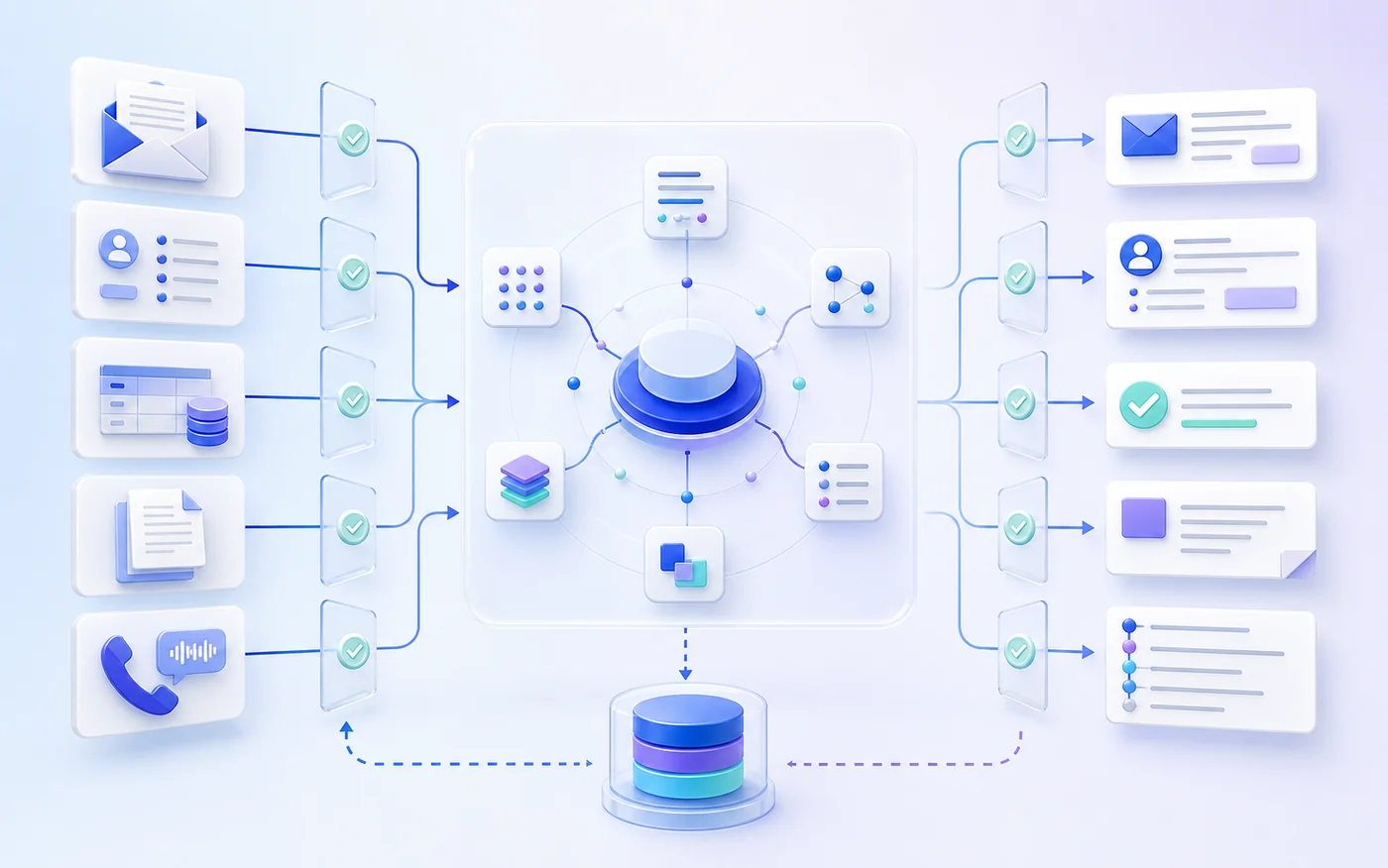 Schematischer Arbeitsablauf von freigegebenen E-Mail-, CRM-, ERP-, Dokument- und Gesprächsdaten über einen KI-Assistenten zu kontrollierten Einträgen, Aufgaben und nächsten Schritten